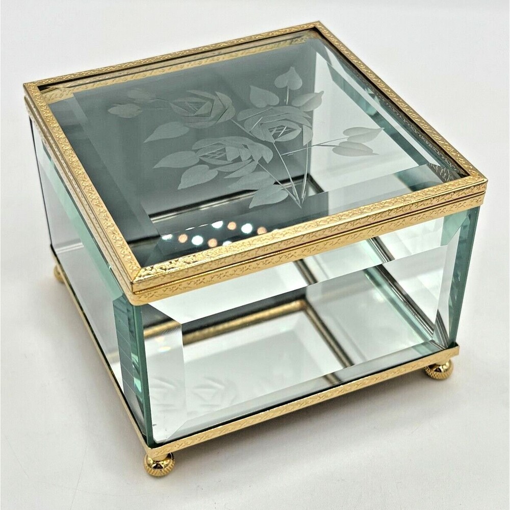 Crystal Glass Mirrored Jewelry Trinket Box Beveled Footed Etched Flower Embossed